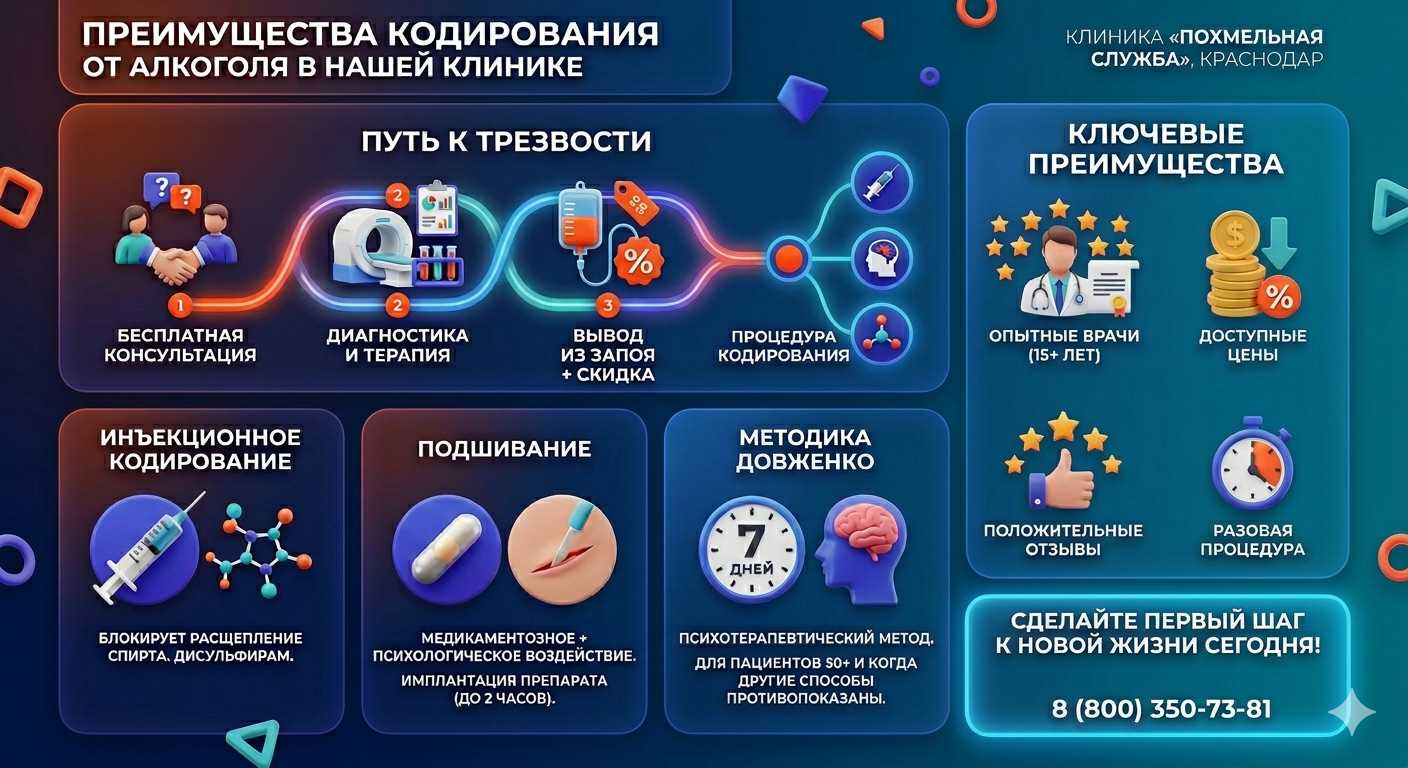 Инфографика о методах кодирования от алкоголя в Бабаюрте: инъекции, подшивание, метод Довженко. Преимущества клиники и этапы лечения.